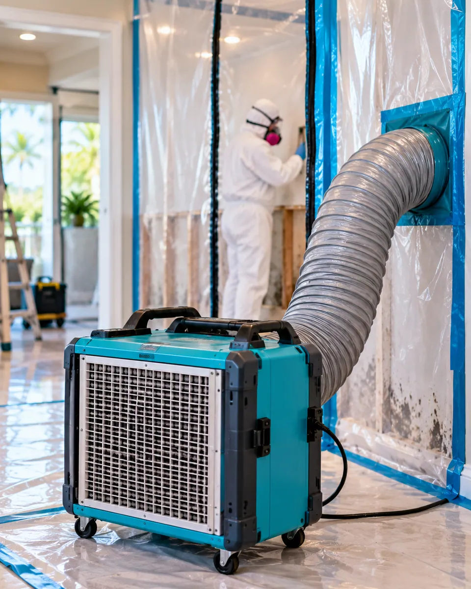 HEPA air scrubber and poly containment set up for mold remediation in Belle Glade