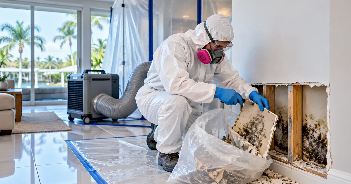 Lasting Mold Removal in Belle Glade, FL — technician removing mold under containment